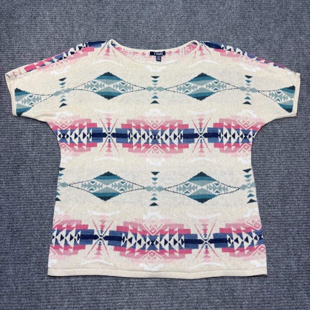 Chaps Denim Womens XL Southwestern Geometric Knit Sweater Top Pink Blue‎ Cream